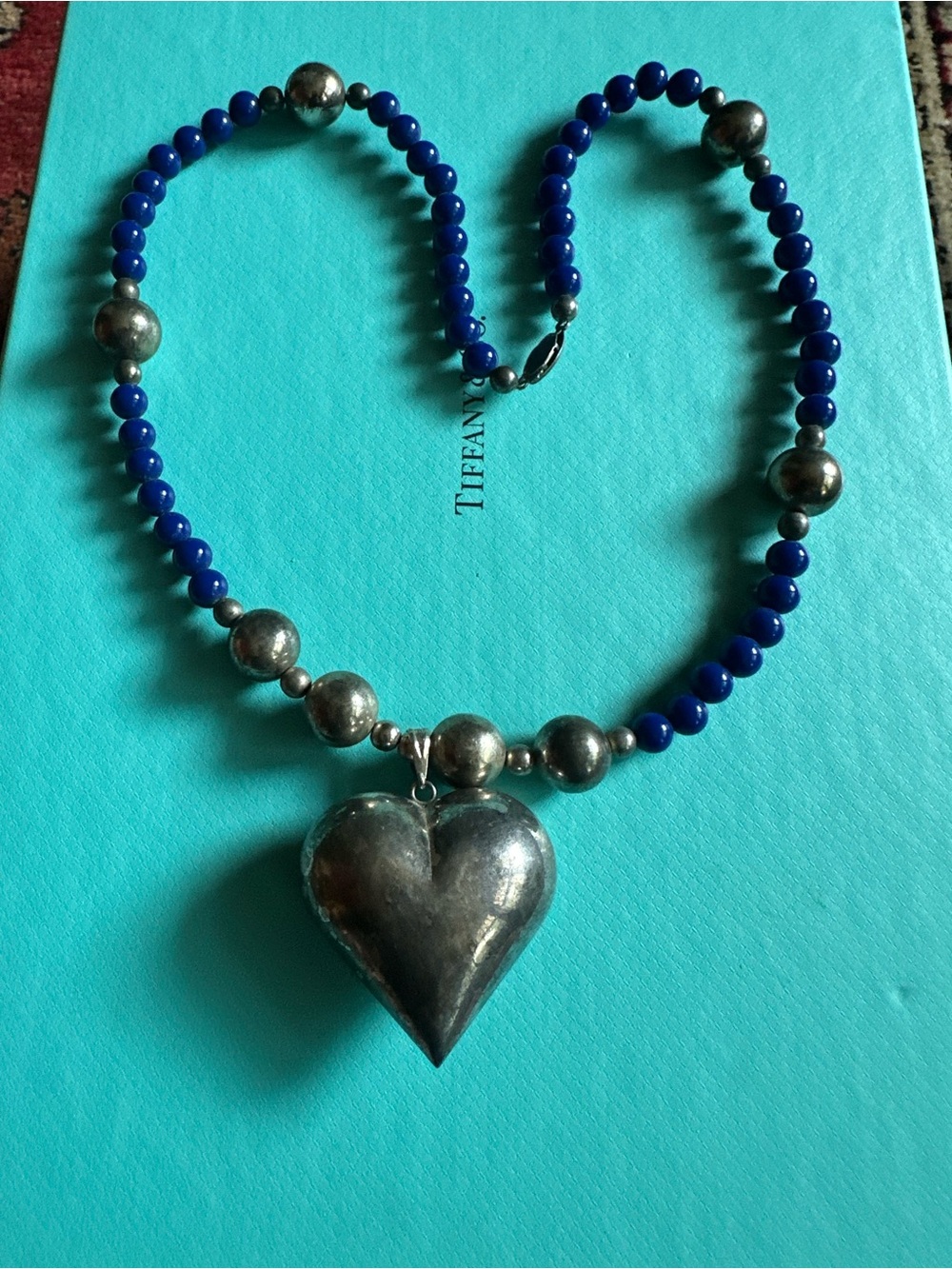 Vintage Untested Puffy Heart Blue Glass Beaded Necklace